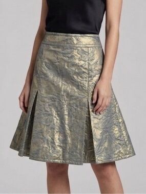 Charles Nolan Floral Jacquard Gold Metallic Coated A-Line Pleated Skirt Size 4